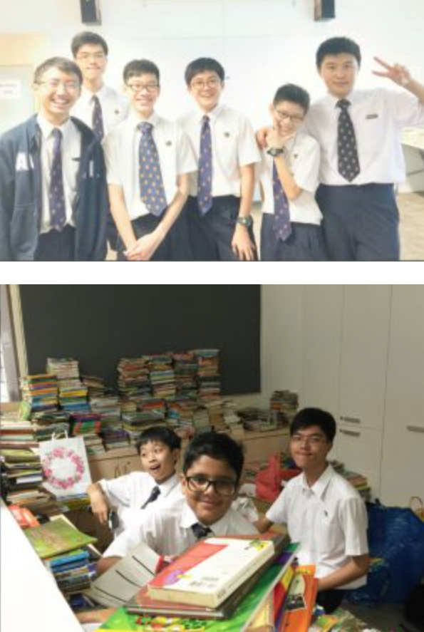 Two photos of school boys in white shirts and ties, one group posing together, another sitting among stacks of books.